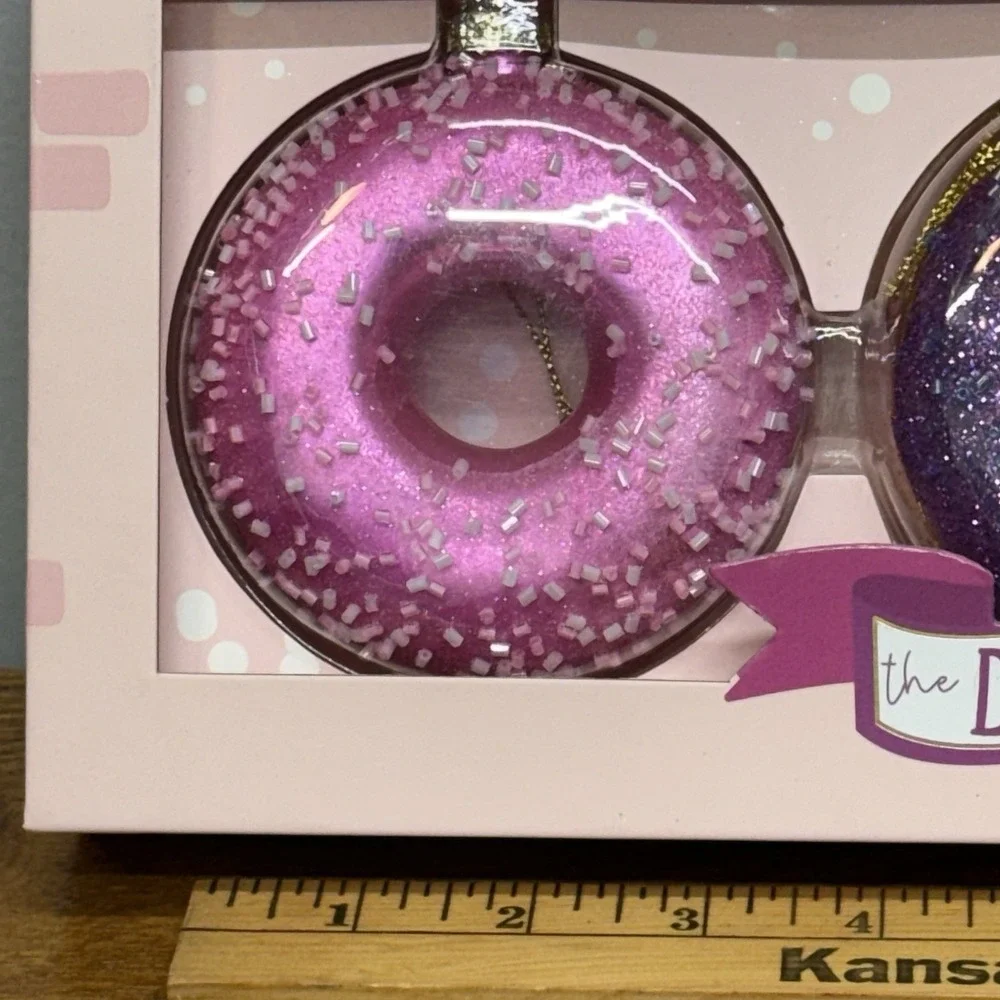 Pink Sky GLASS Iced Donut Shoppe Ornaments Pink Purple Sprinkles 3 Pack 3.5